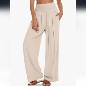 Smocked-Waist Wide Leg Pants in Cream